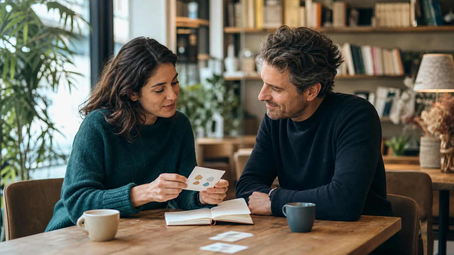 Deux adultes discutant de leurs préférences autour d’une carte dans un café-librairie lumineux